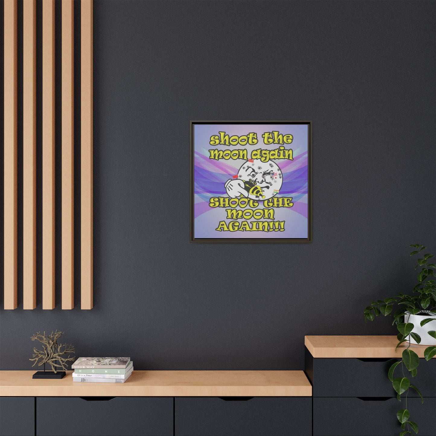 shoot the moon again - framed canvas art (light blue-pink wave)