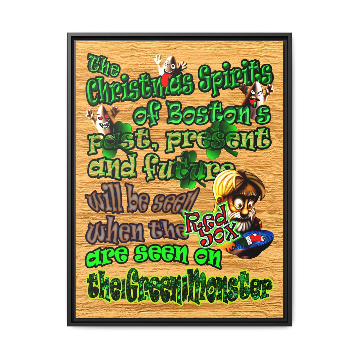 christmas spirits of boston - framed canvas art (butterscotch wood finish)