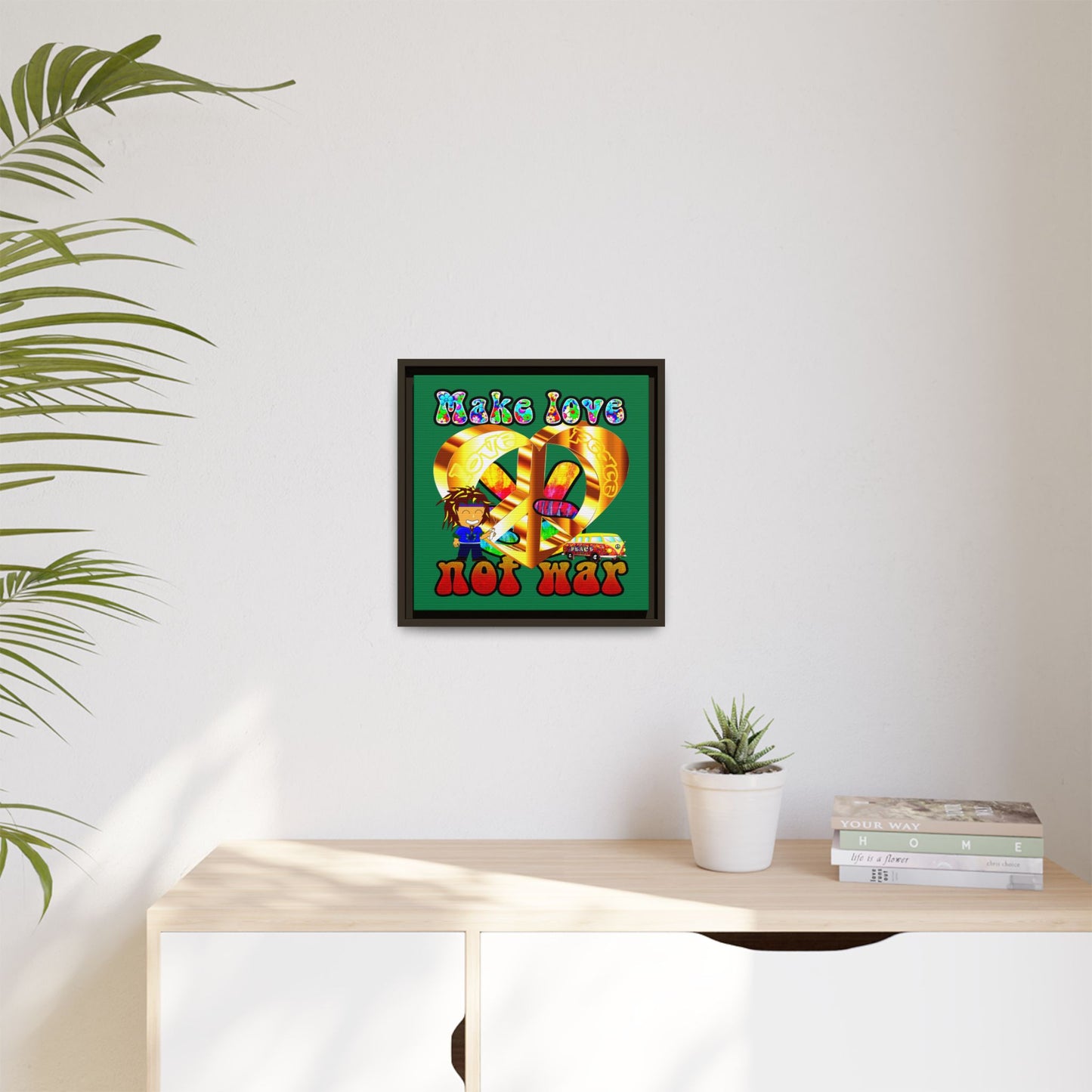 love peace - framed canvas art (dark green)