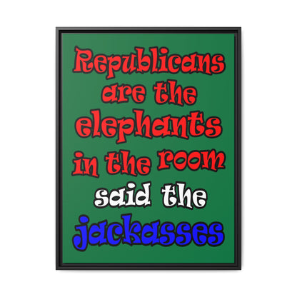 donkeys and elephants - framed canvas art (dark green)