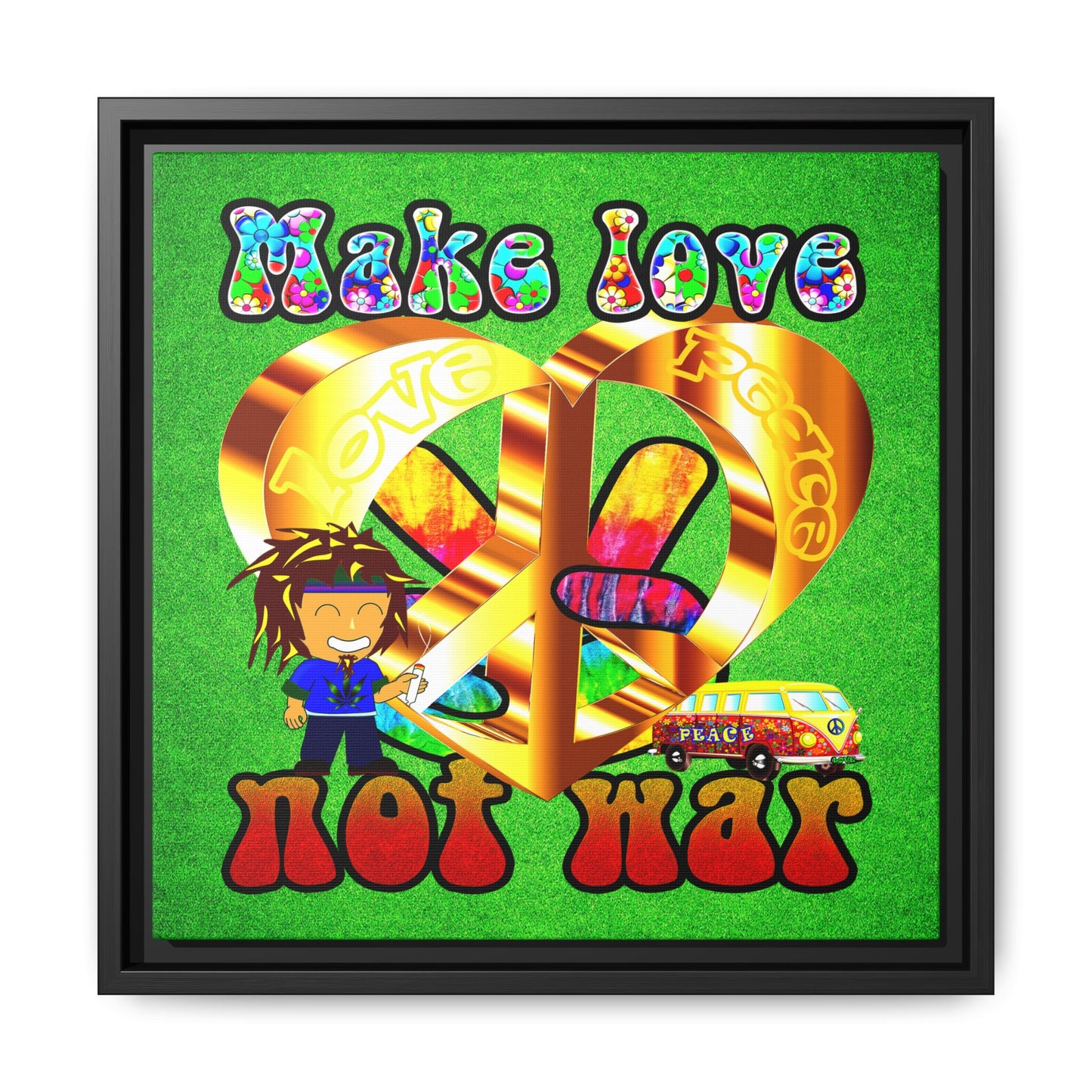 love peace - framed canvas art (green turf)