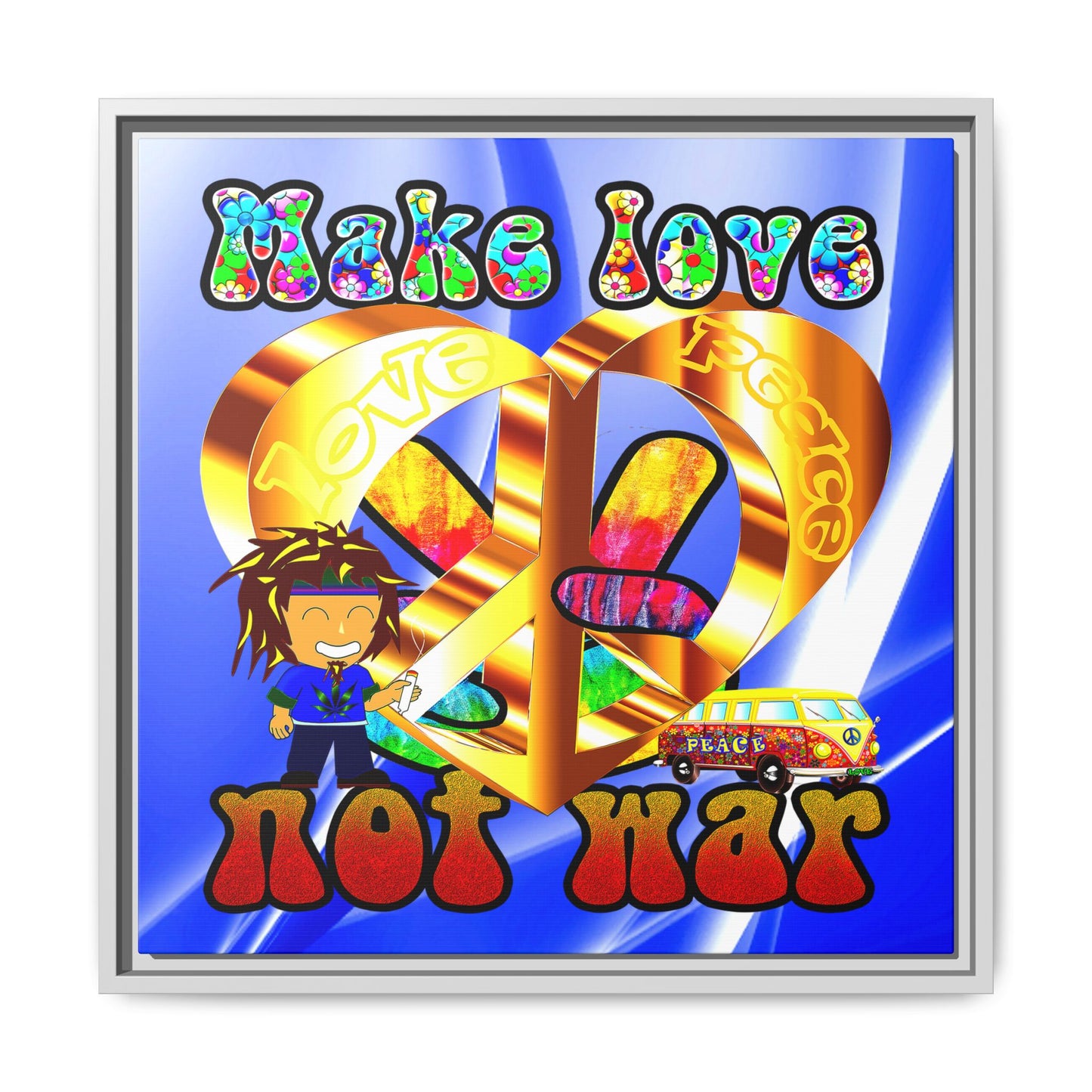 love peace - framed canvas art (blue-white wave)