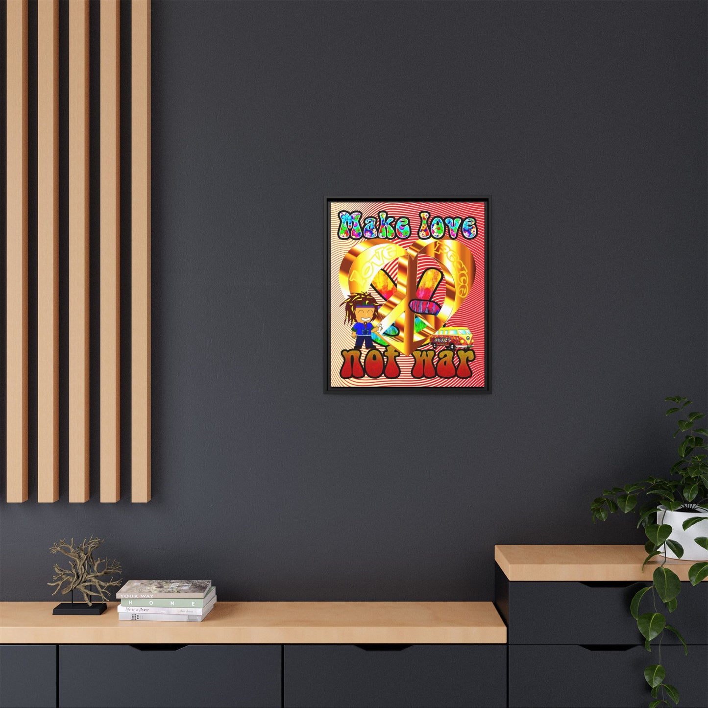 love peace - framed canvas art (yellow-orange wave)