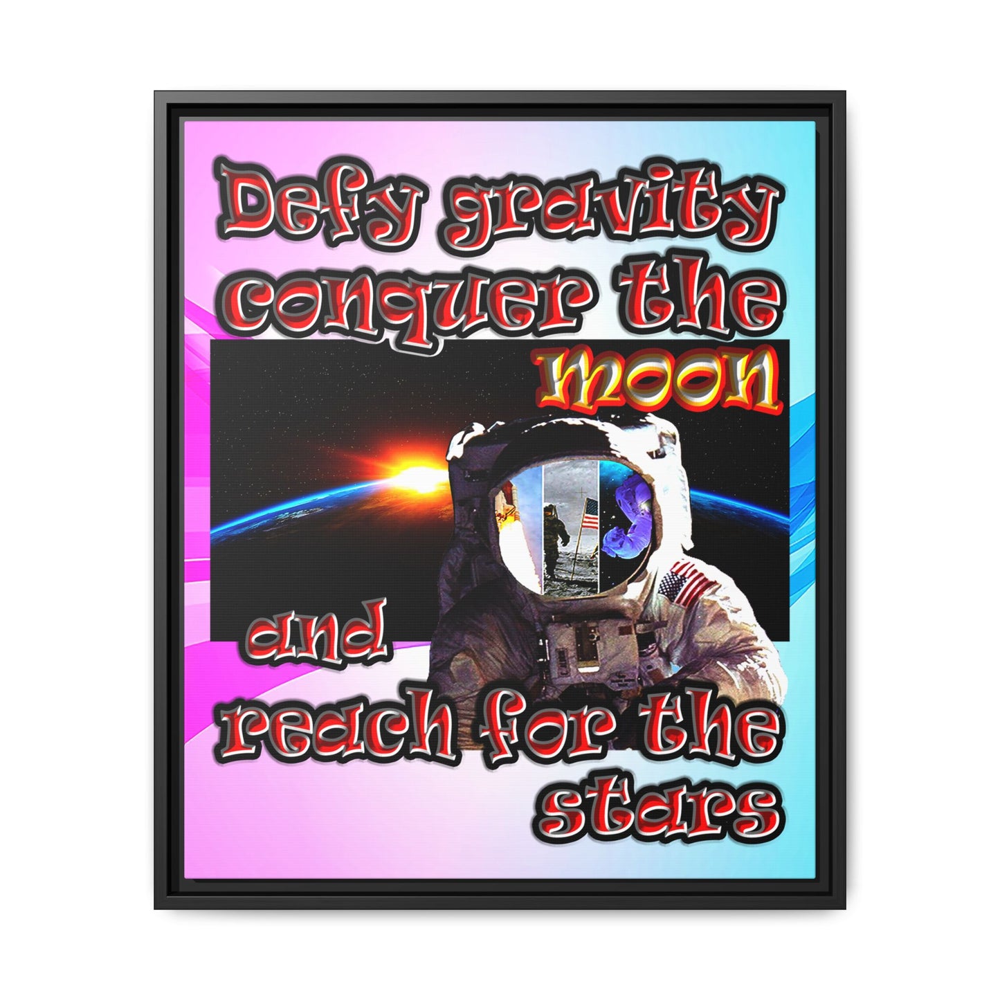 defy conquer reach - framed canvas art (light blue-pink wave)