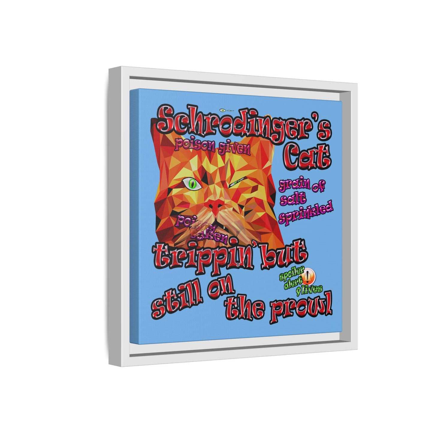 schrodinger's cat - framed canvas art (light blue)