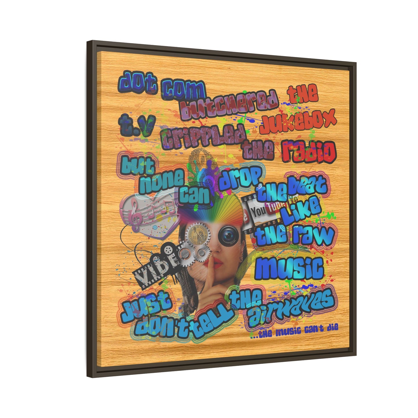 drop the beat - framed canvas art (butterscotch wood finish)