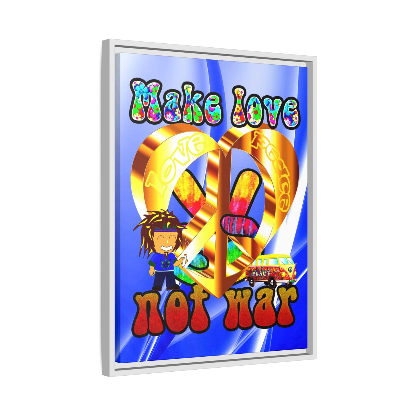love peace - framed canvas art (blue-white wave)