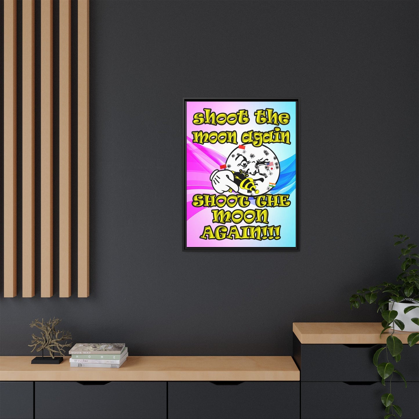 shoot the moon again - framed canvas art (light blue-pink wave)