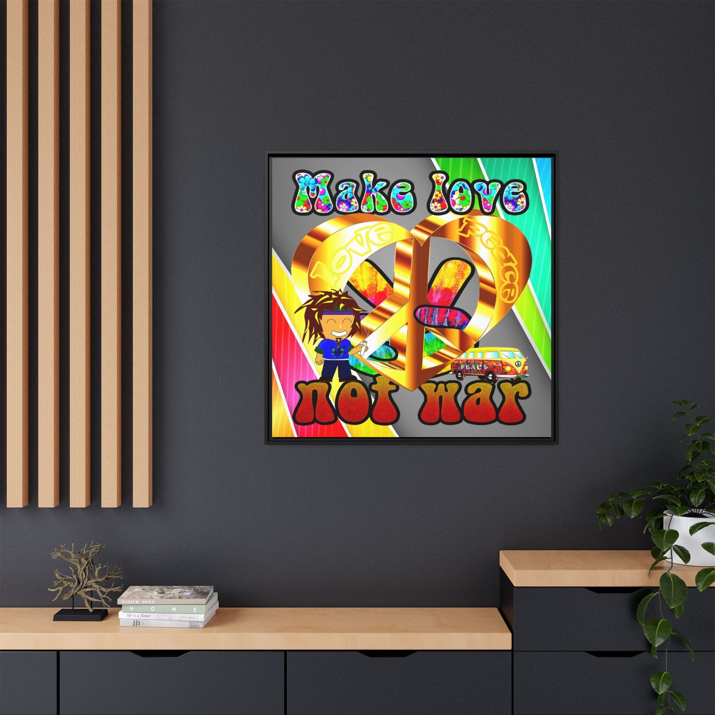 love peace - framed canvas art (rainbow split)