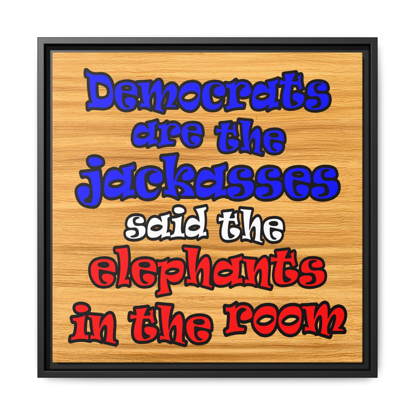 donkeys and elephants - framed canvas art (butterscotch wood finish)