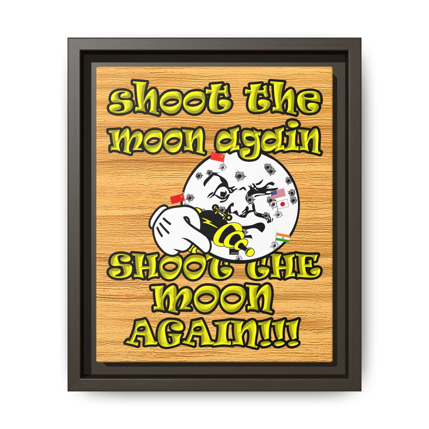 shoot the moon again - framed canvas art (butterscotch wood finish)
