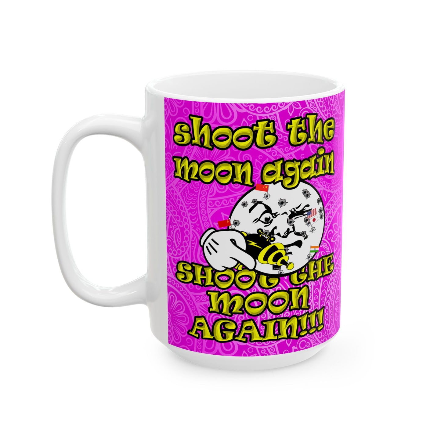 shoot the moon again - White Mug (pink swirl)