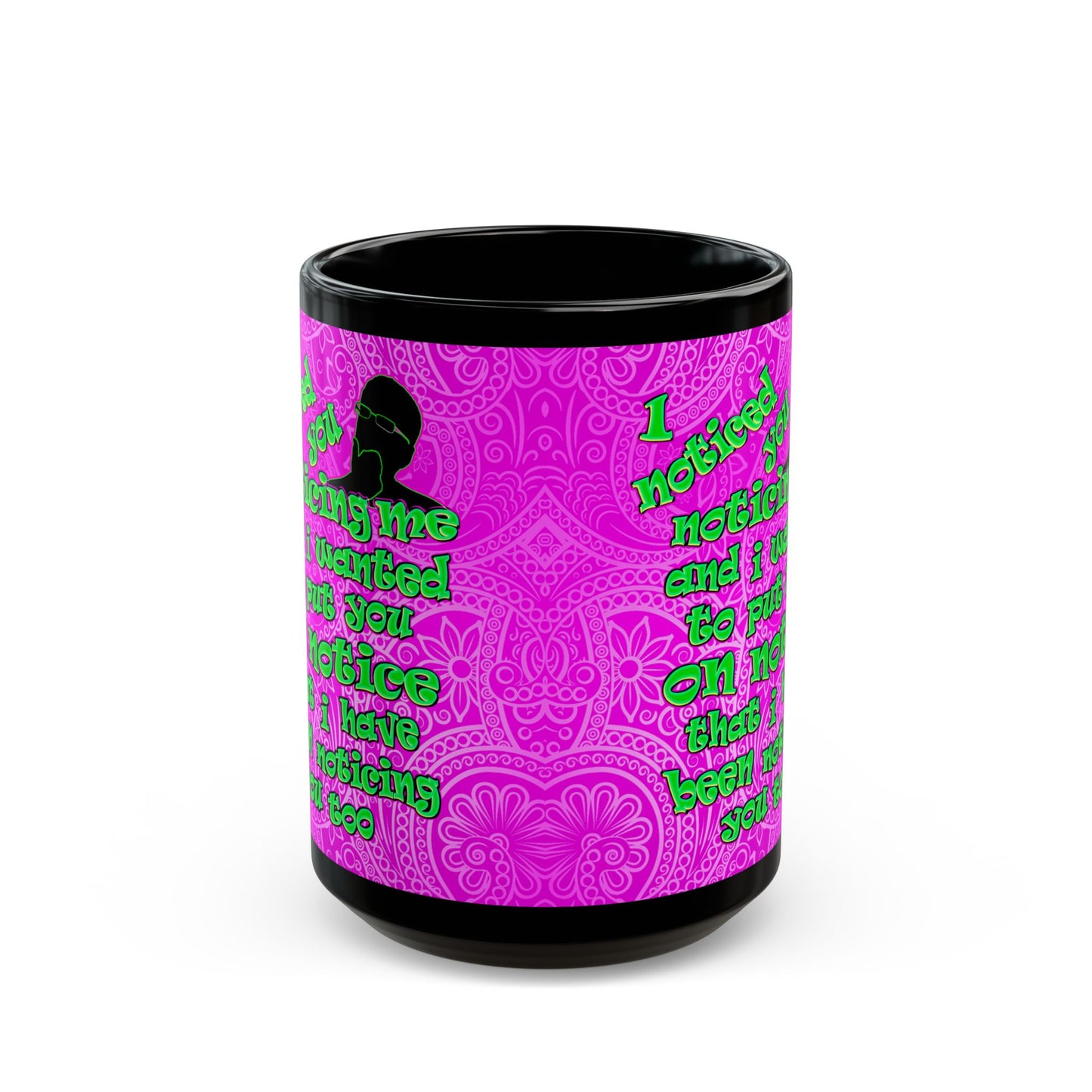 noticed you noticing - Black Mug (pink swirl)