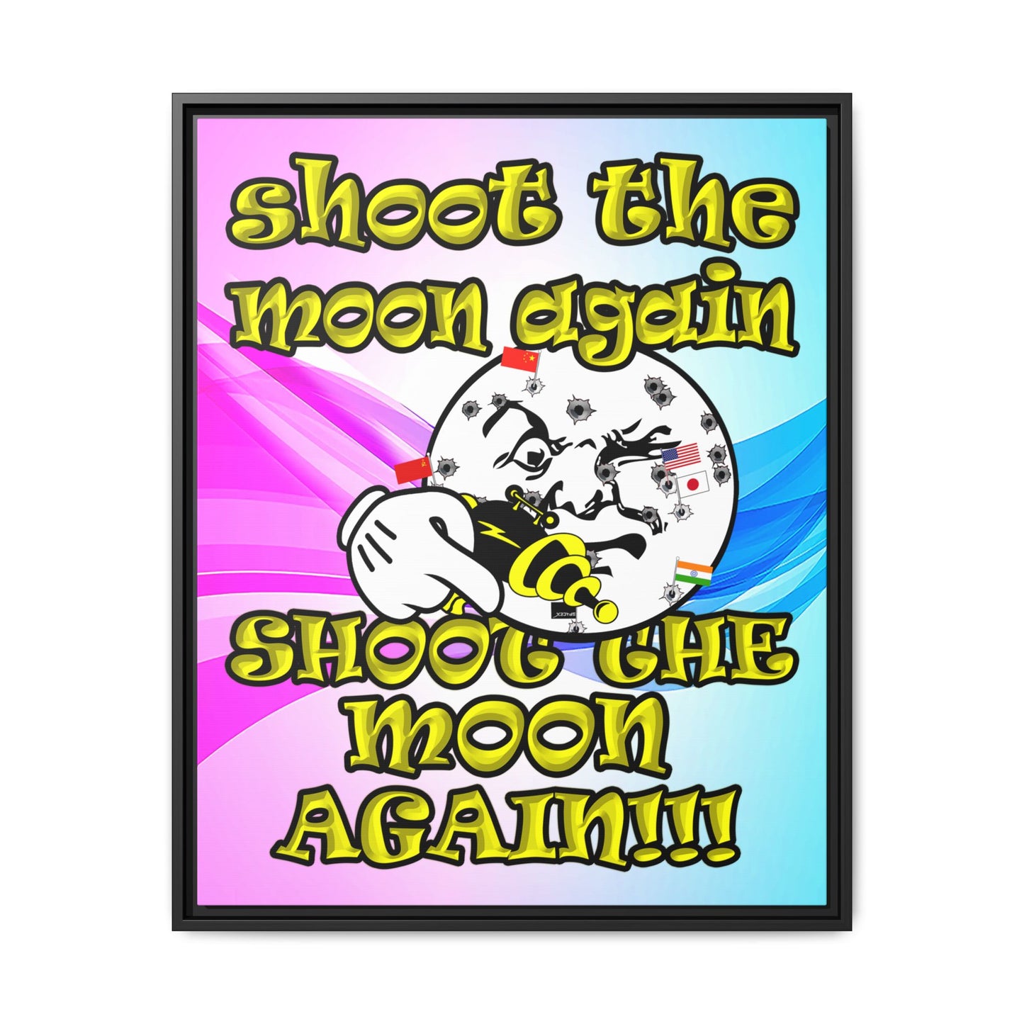 shoot the moon again - framed canvas art (light blue-pink wave)