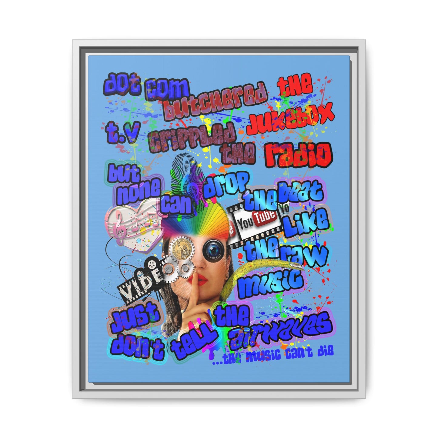 drop the beat - framed canvas art (light blue)
