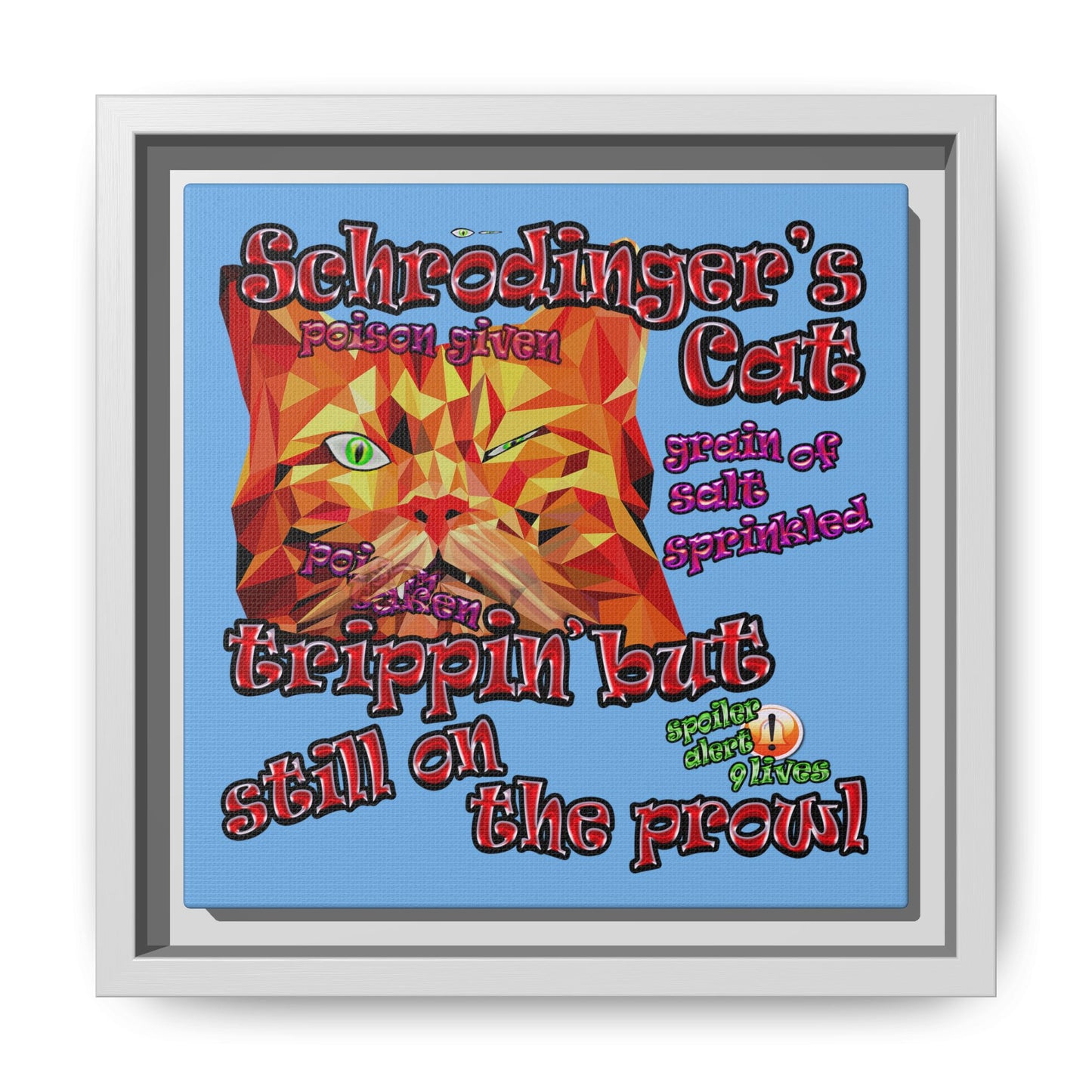 schrodinger's cat - framed canvas art (light blue)