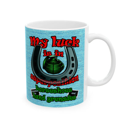 my luck - White Mug (faded dark blue)