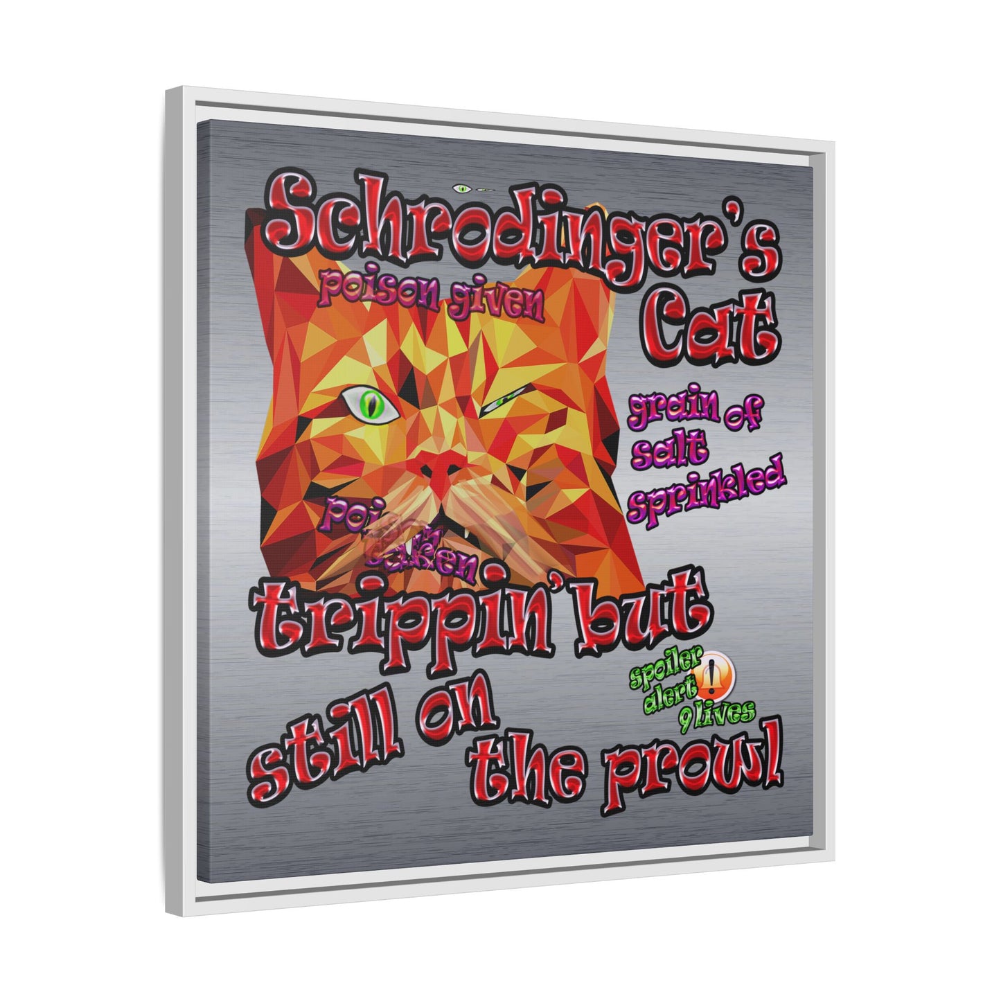 schrodinger's cat - framed canvas art (brushed nickel)