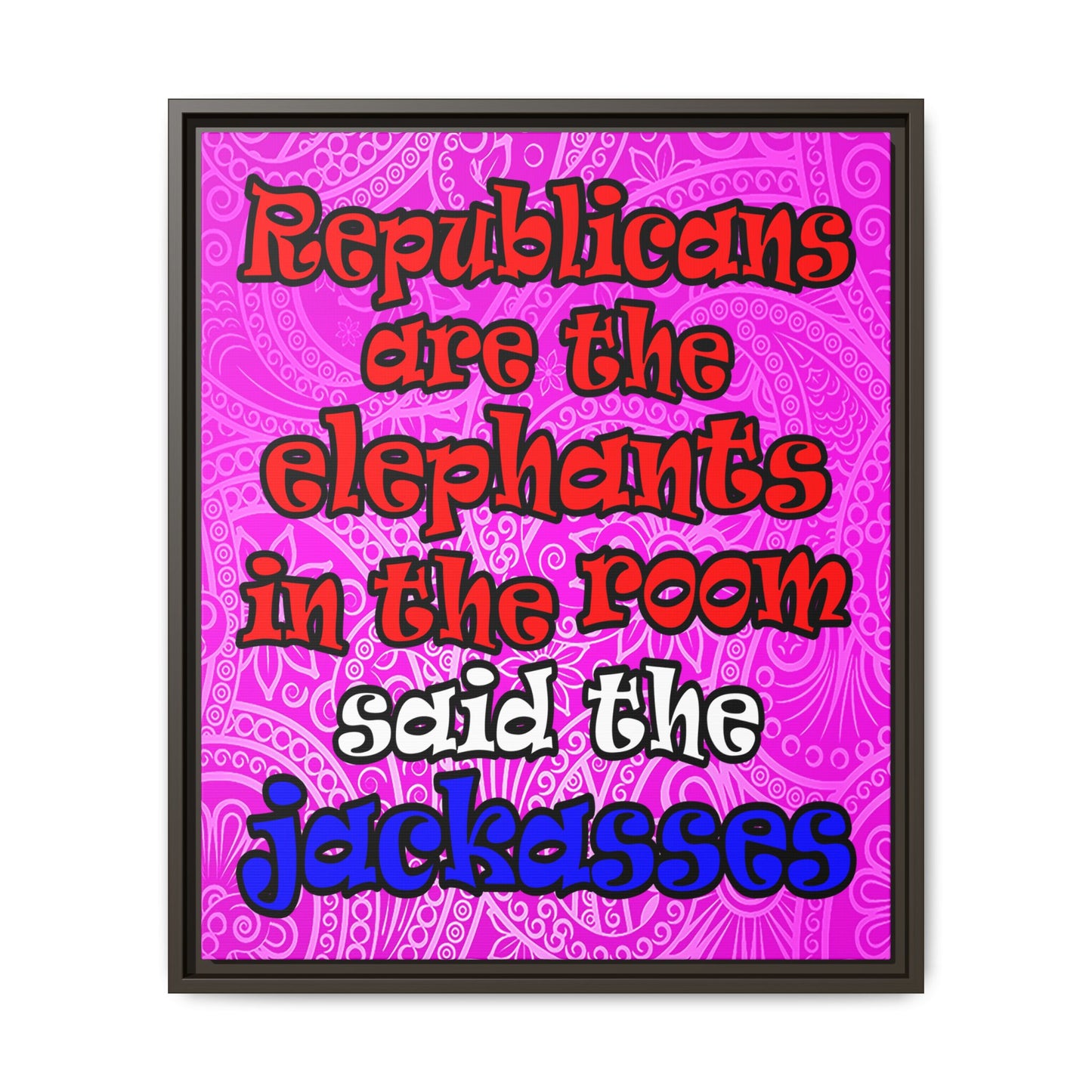 donkeys and elephants - framed canvas art (pink swirl)