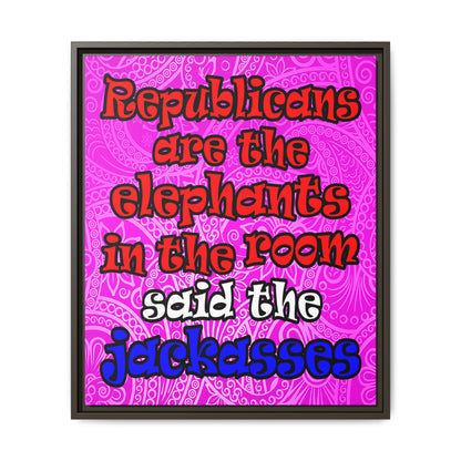 donkeys and elephants - framed canvas art (pink swirl)