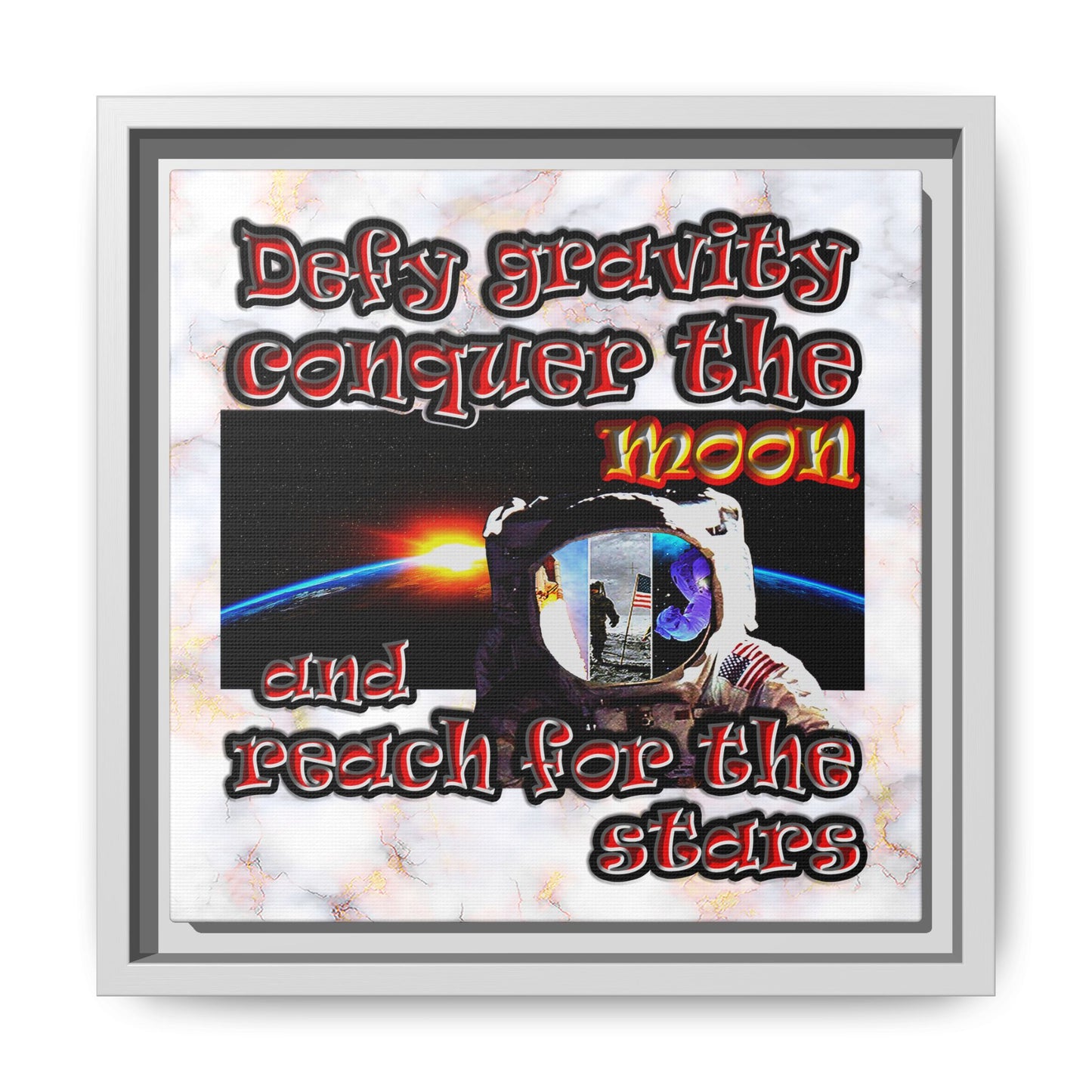 defy conquer reach - framed canvas art (white marble)