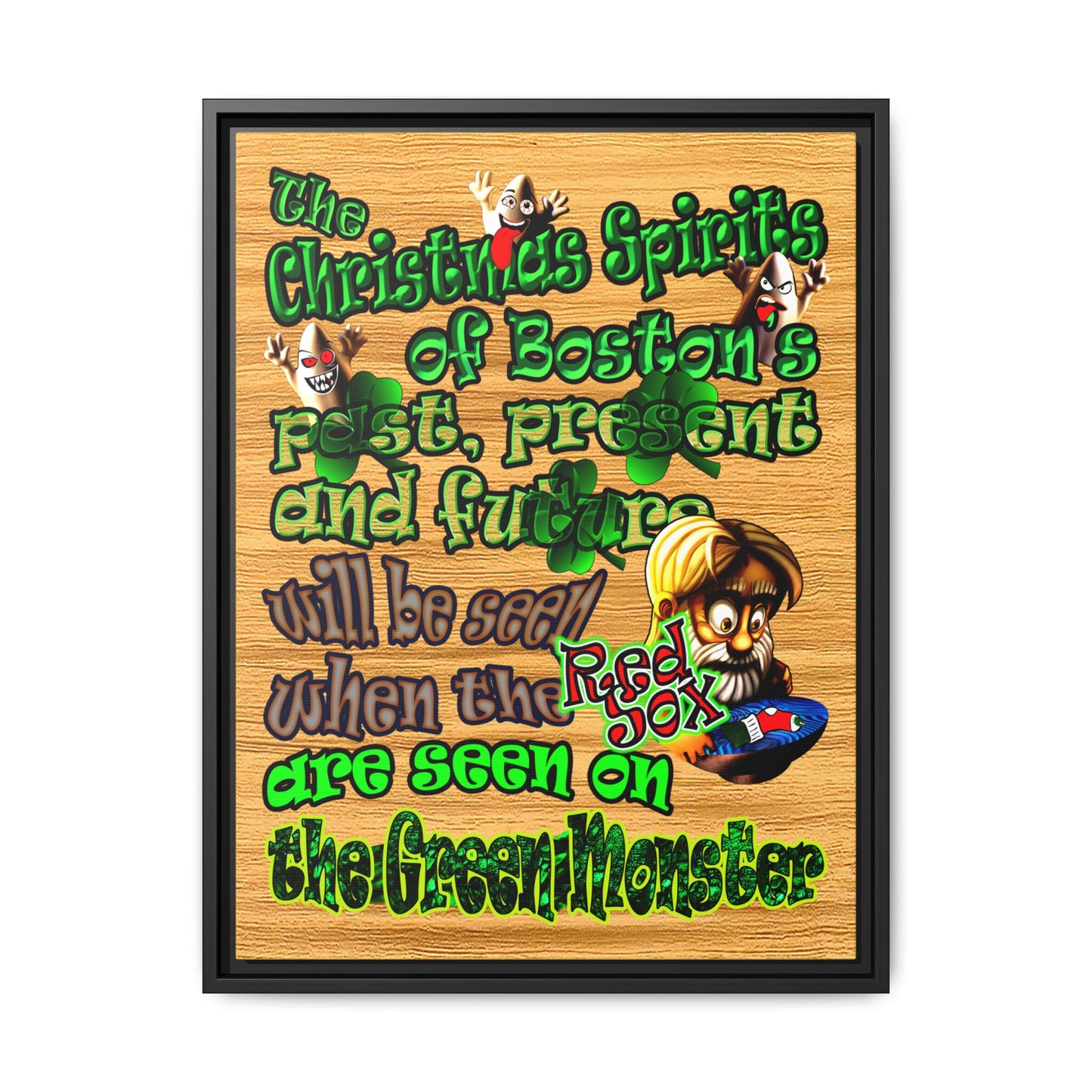 christmas spirits of boston - framed canvas art (butterscotch wood finish)