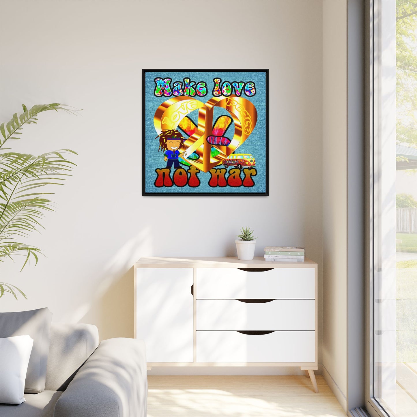love peace - framed canvas art (faded blue)