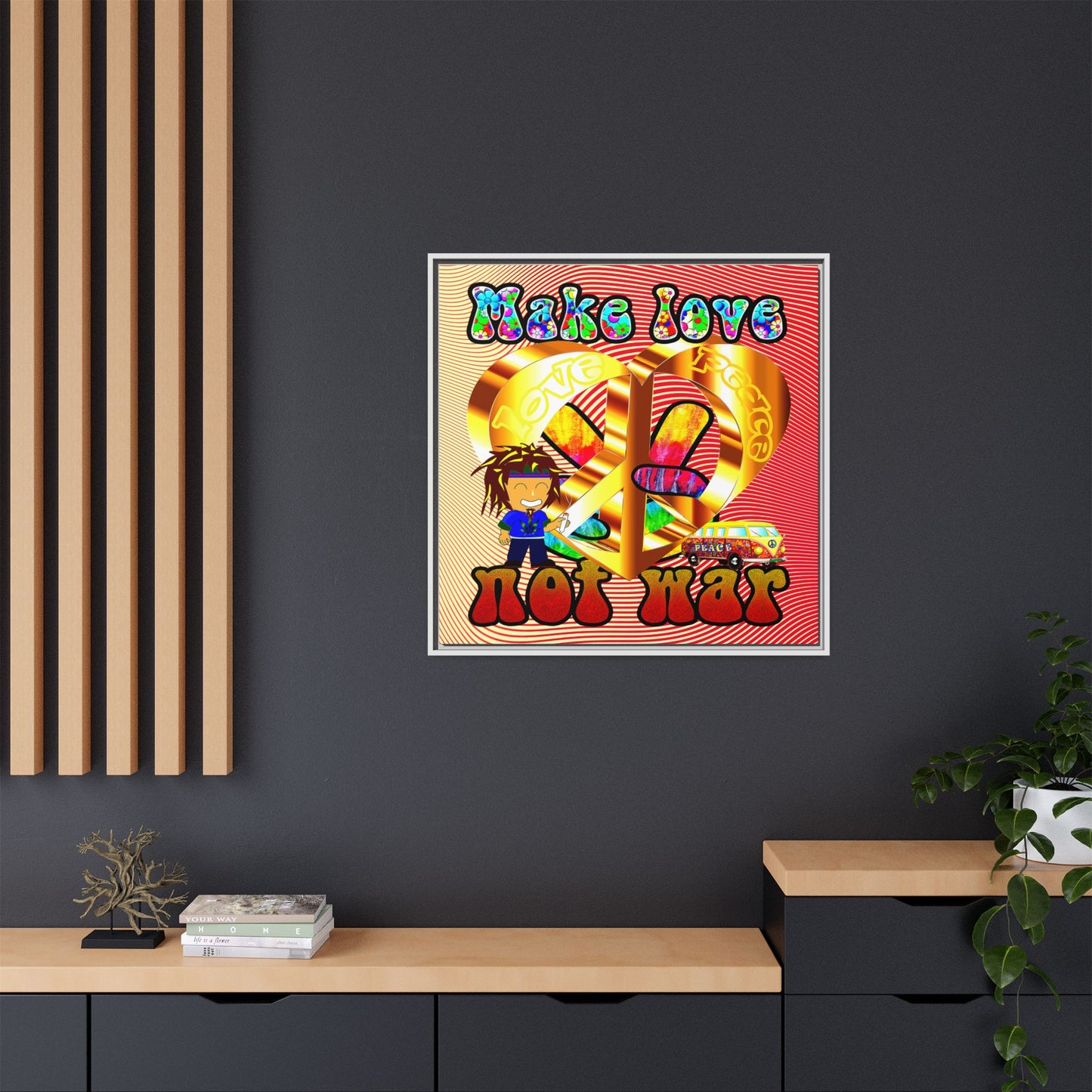 love peace - framed canvas art (yellow-orange wave)