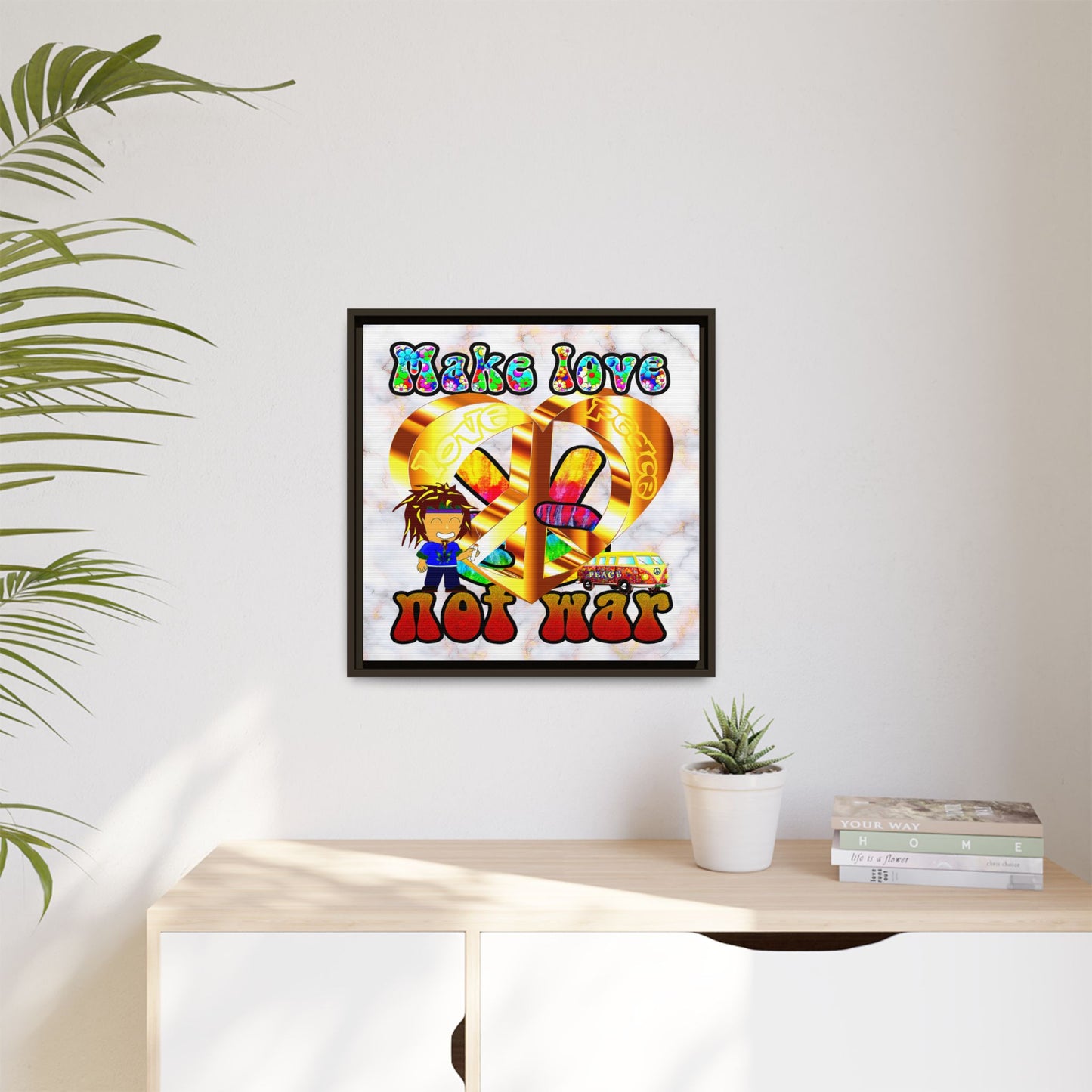 love peace - framed canvas art (white marble)