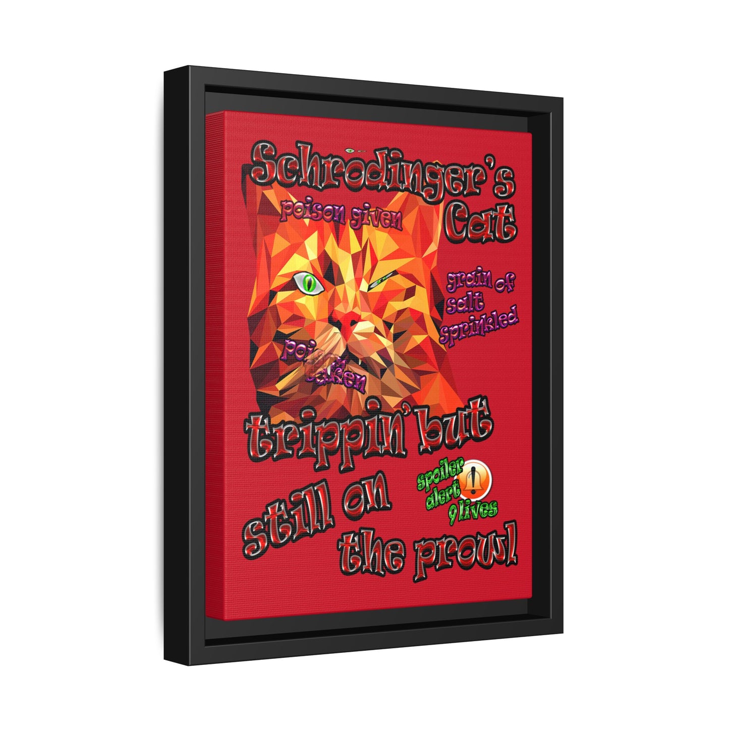 schrodinger's cat - framed canvas art (dark red)