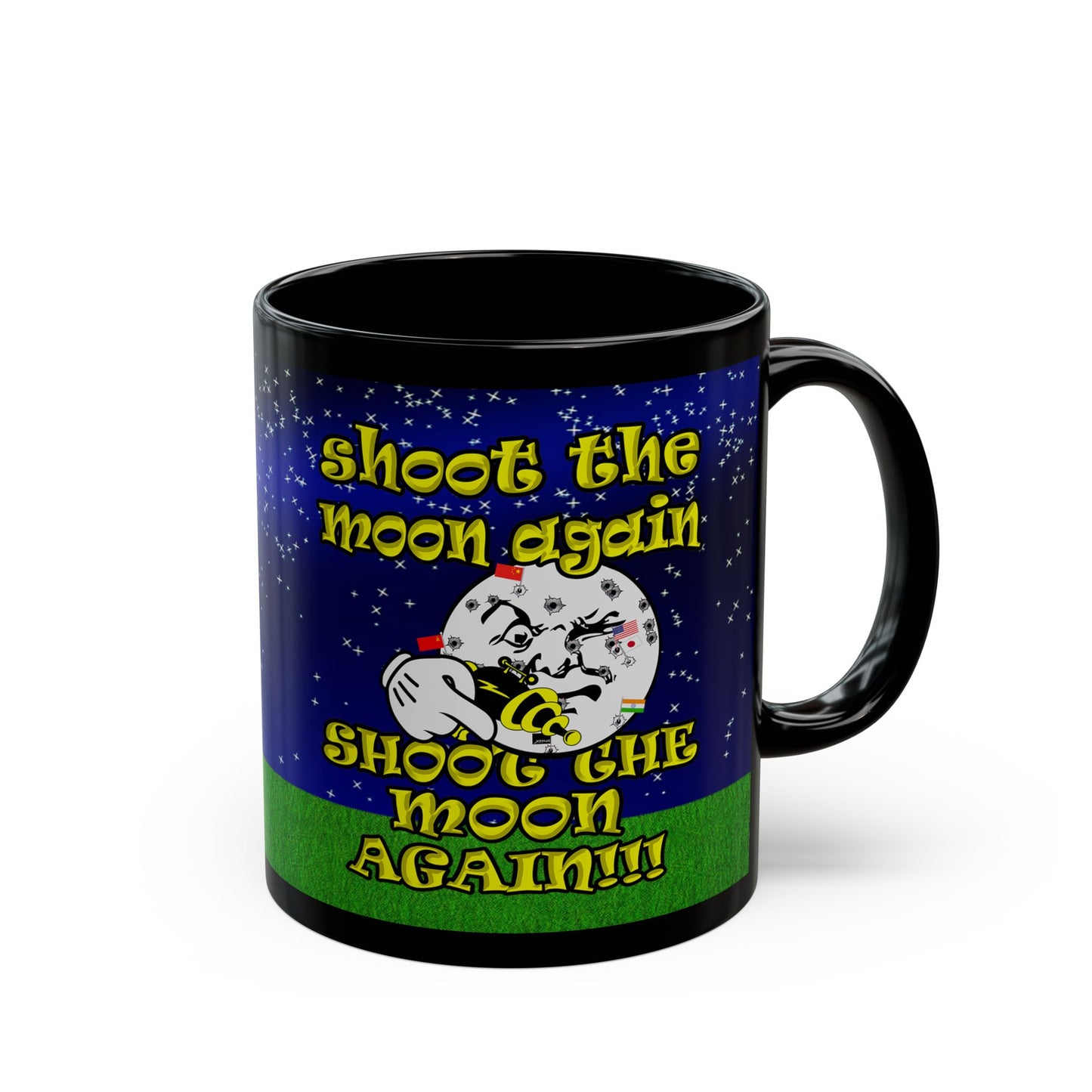 shoot the moon again - Black Mug ('snoops' background)