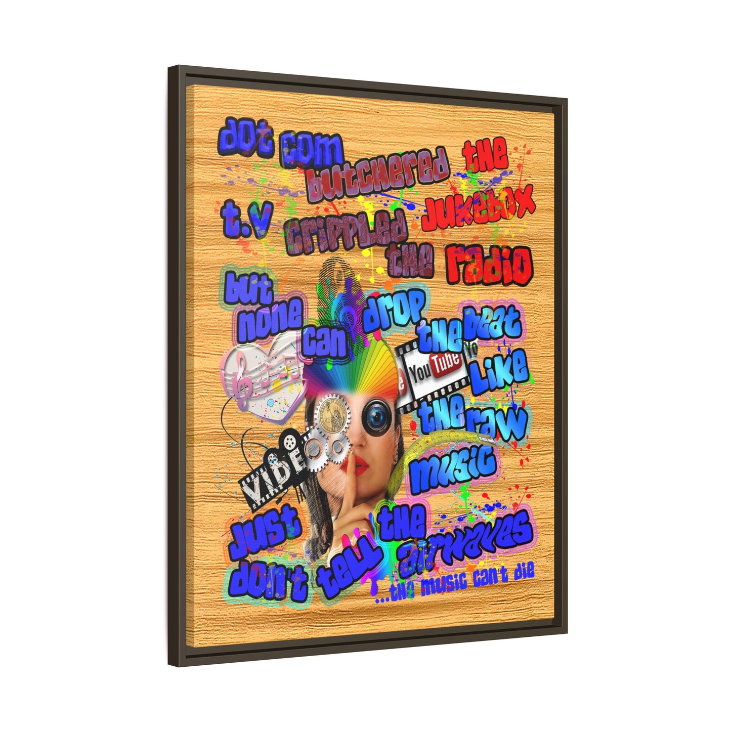 drop the beat - framed canvas art (butterscotch wood finish)