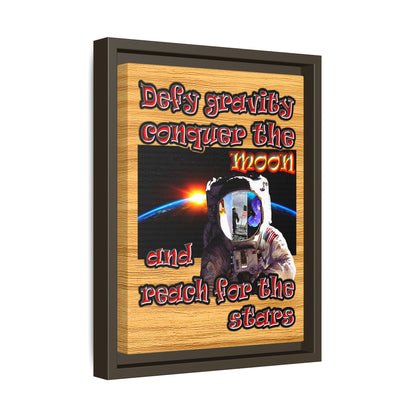 defy conquer reach - framed canvas art (butterscotch wood finish)