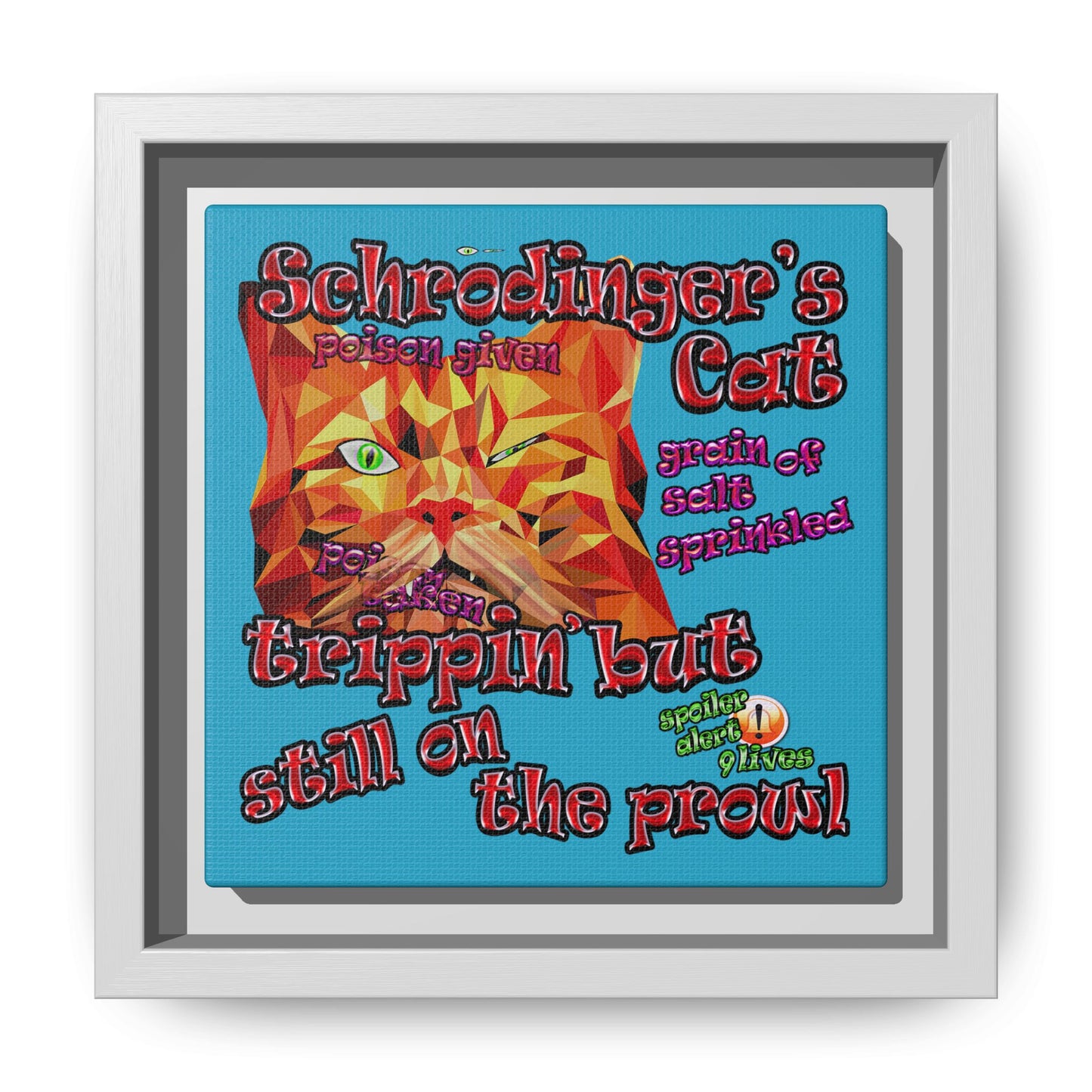 schrodinger's cat - framed canvas art (turquoise)