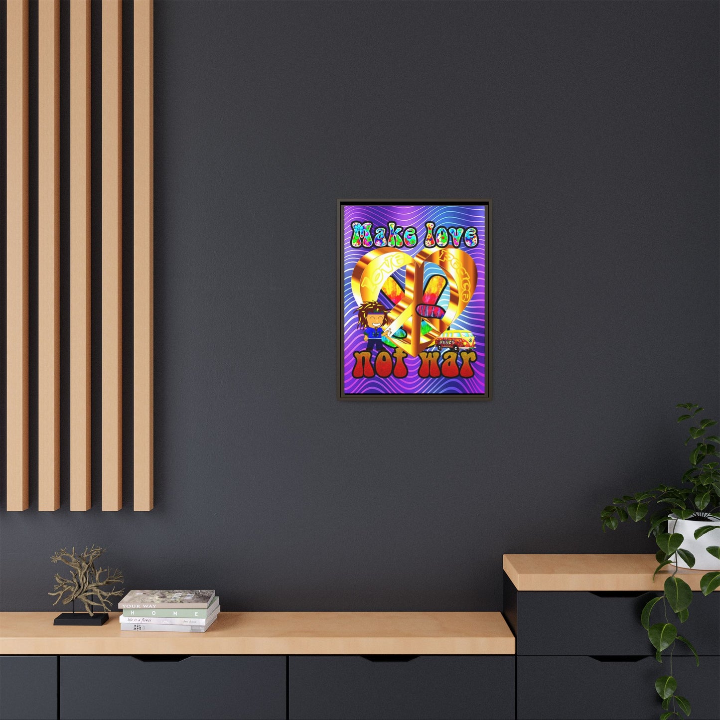 love peace - framed canvas art (purple wave)