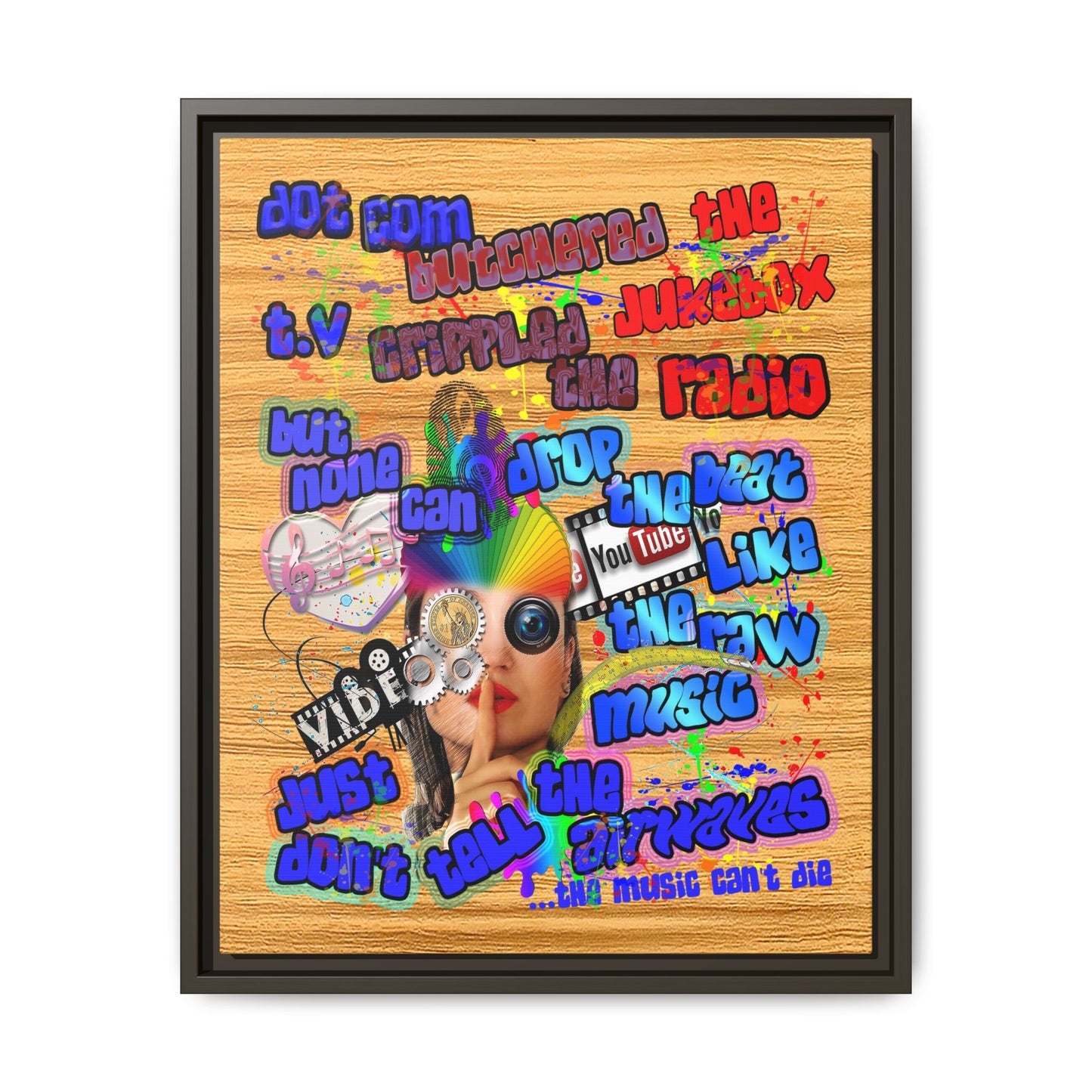 drop the beat - framed canvas art (butterscotch wood finish)