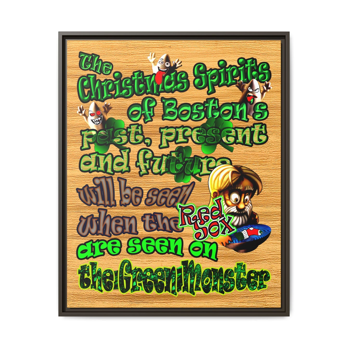 christmas spirits of boston - framed canvas art (butterscotch wood finish)
