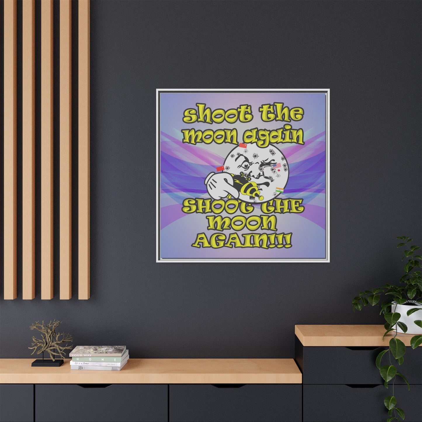 shoot the moon again - framed canvas art (light blue-pink wave)