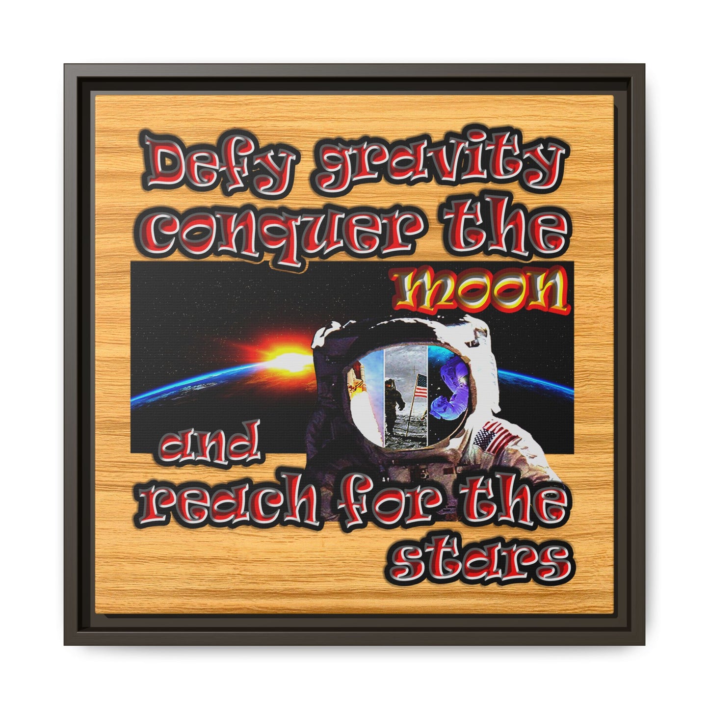 defy conquer reach - framed canvas art (butterscotch wood finish)