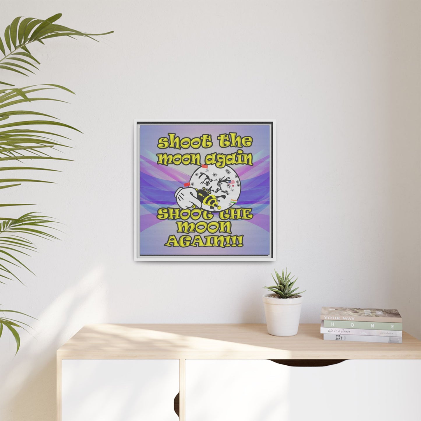 shoot the moon again - framed canvas art (light blue-pink wave)