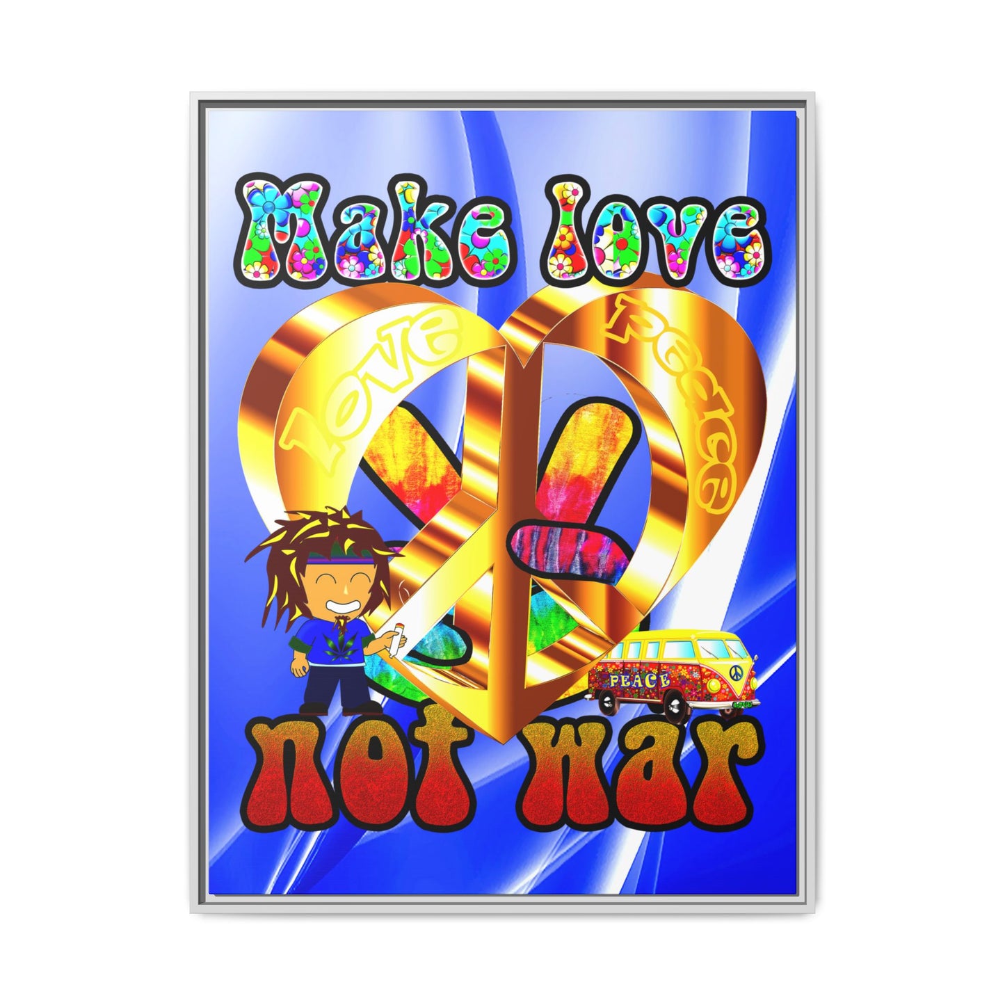 love peace - framed canvas art (blue-white wave)