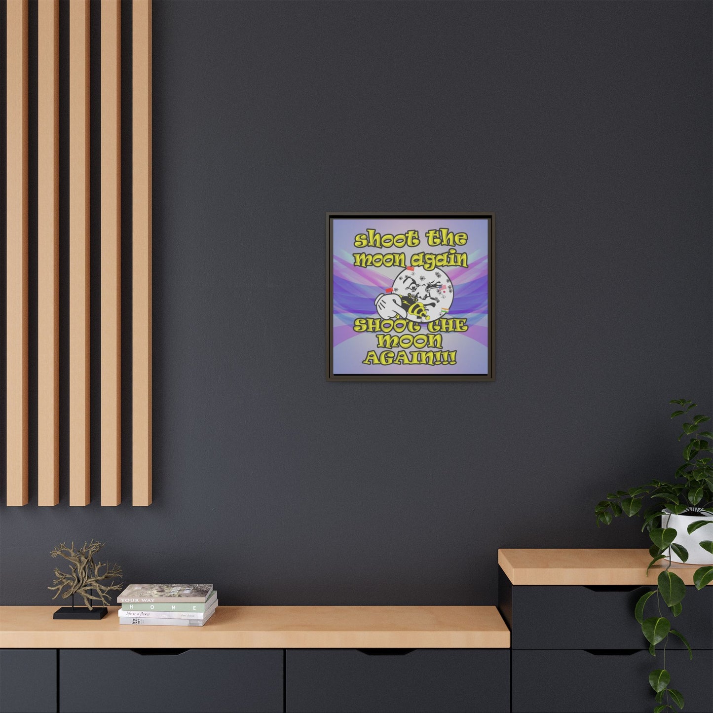 shoot the moon again - framed canvas art (light blue-pink wave)