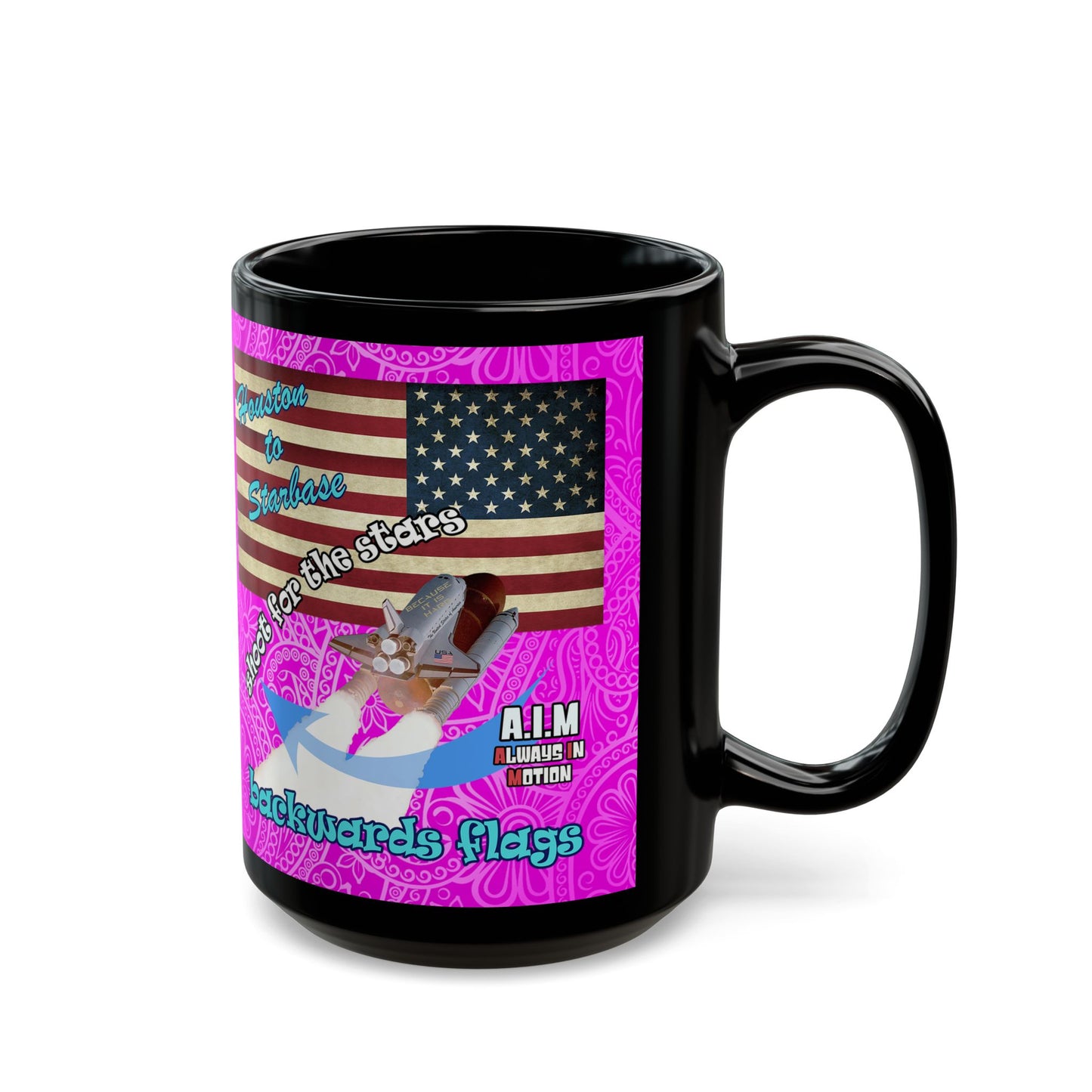shoot for the stars - Black Mug (pink swirl)