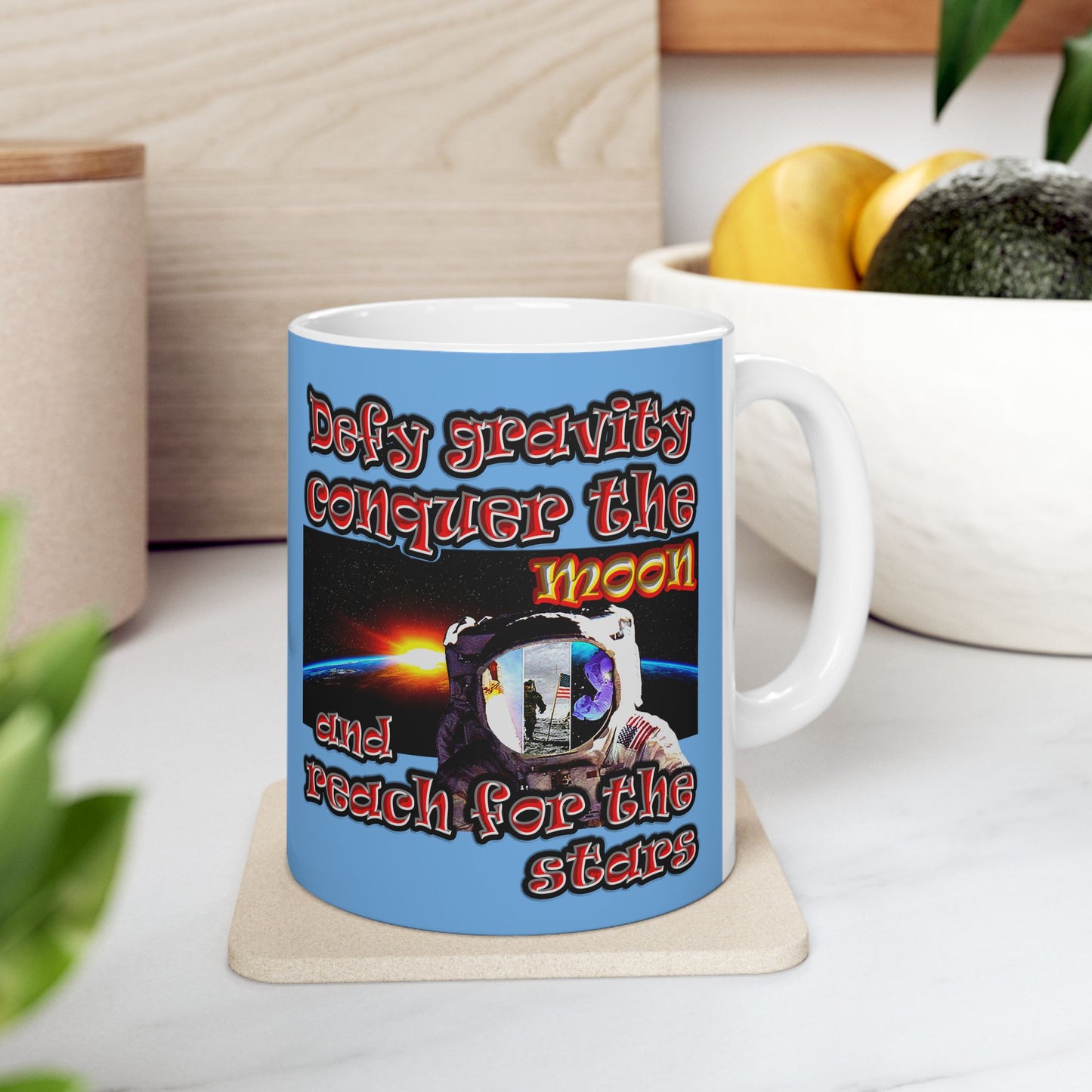 defy conquer reach - White Mug (light blue)