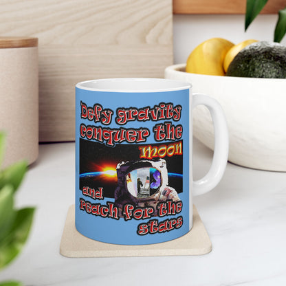 defy conquer reach - White Mug (light blue)