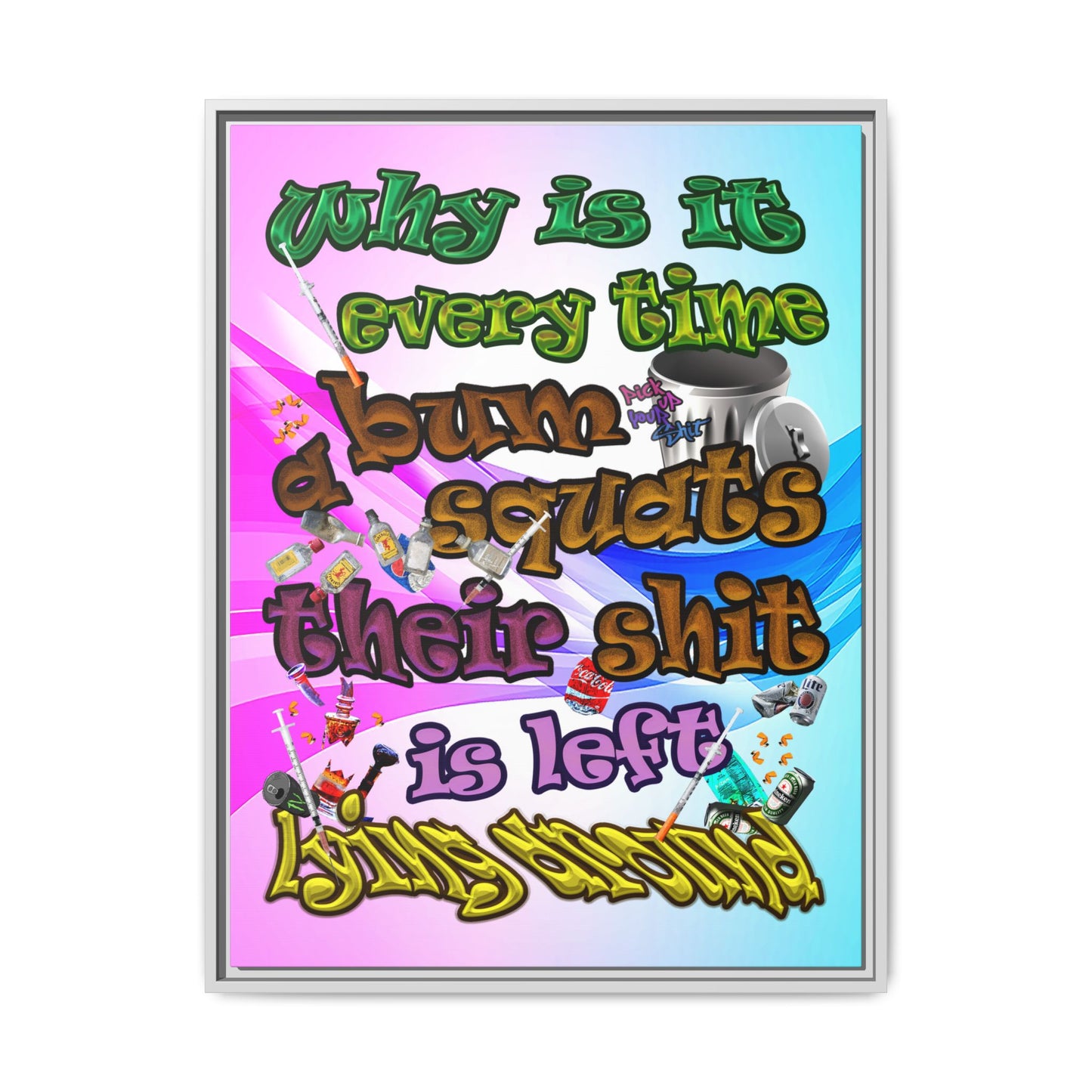 the bum's shit - framed canvas art (light blue-pink wave)