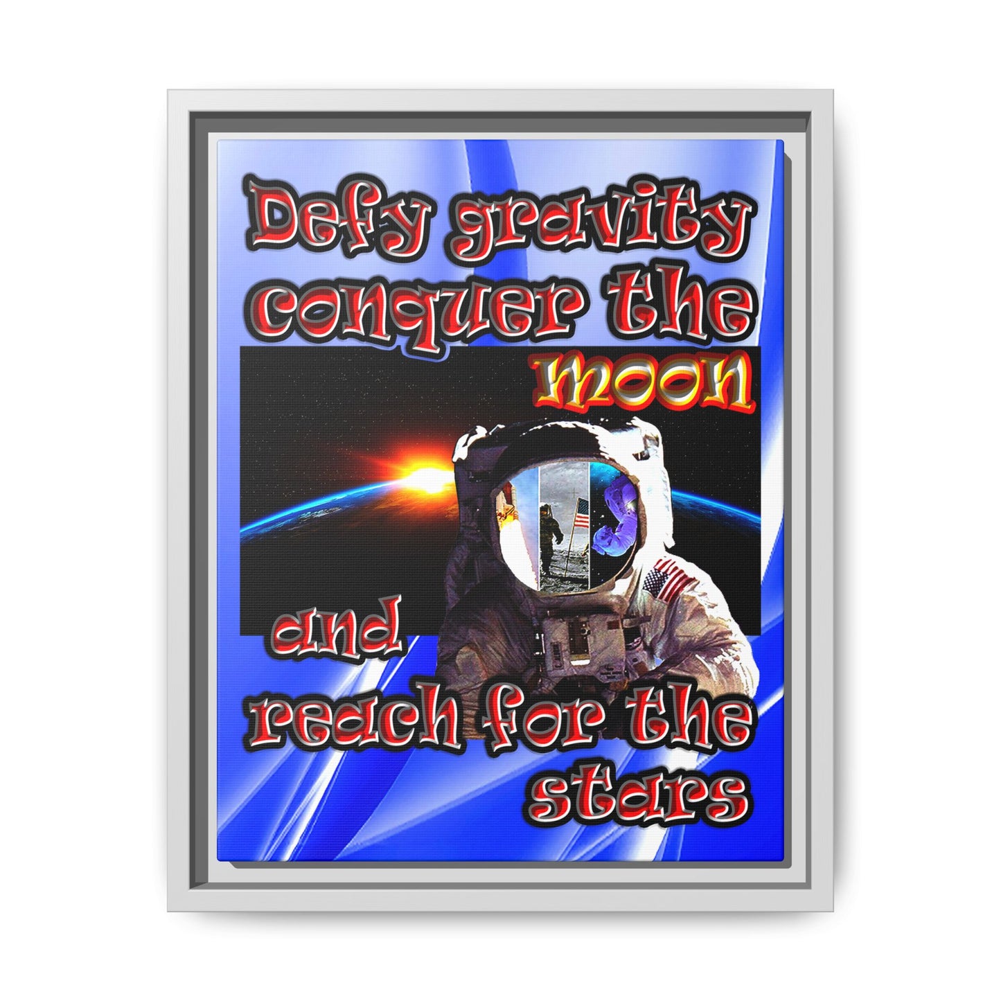 defy conquer reach - framed canvas art (blue-white wave)