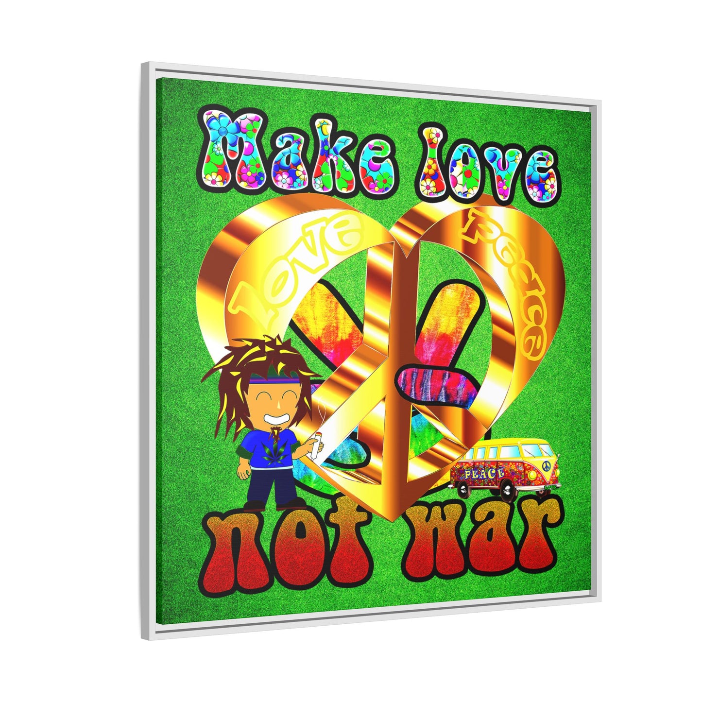 love peace - framed canvas art (green turf)