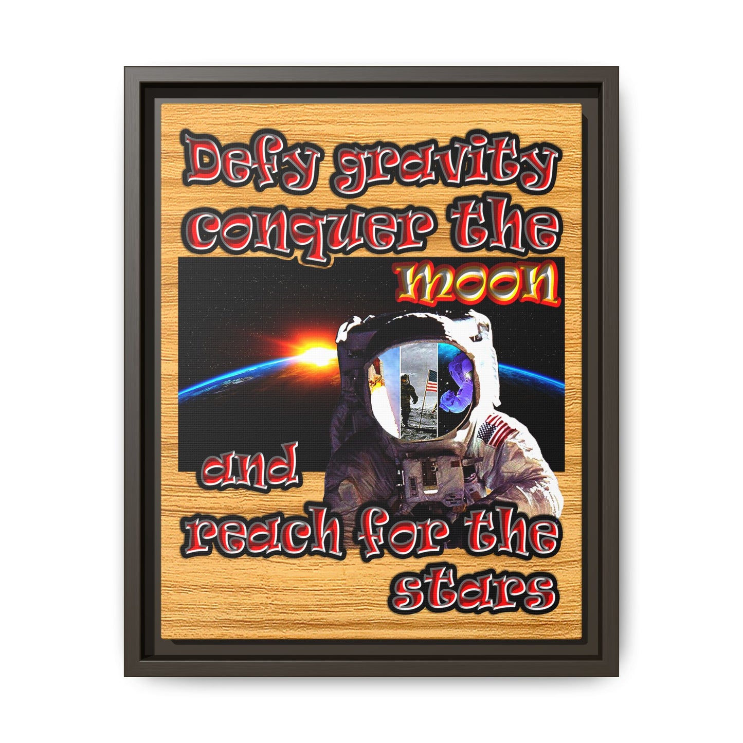 defy conquer reach - framed canvas art (butterscotch wood finish)