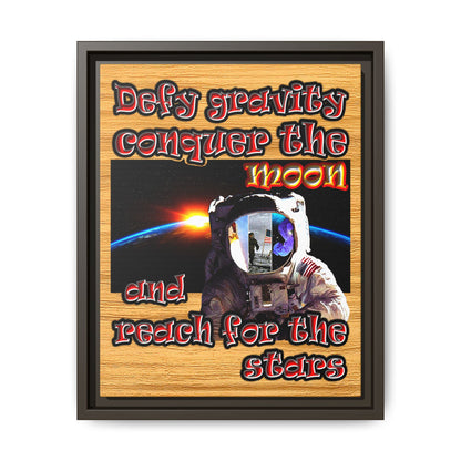 defy conquer reach - framed canvas art (butterscotch wood finish)